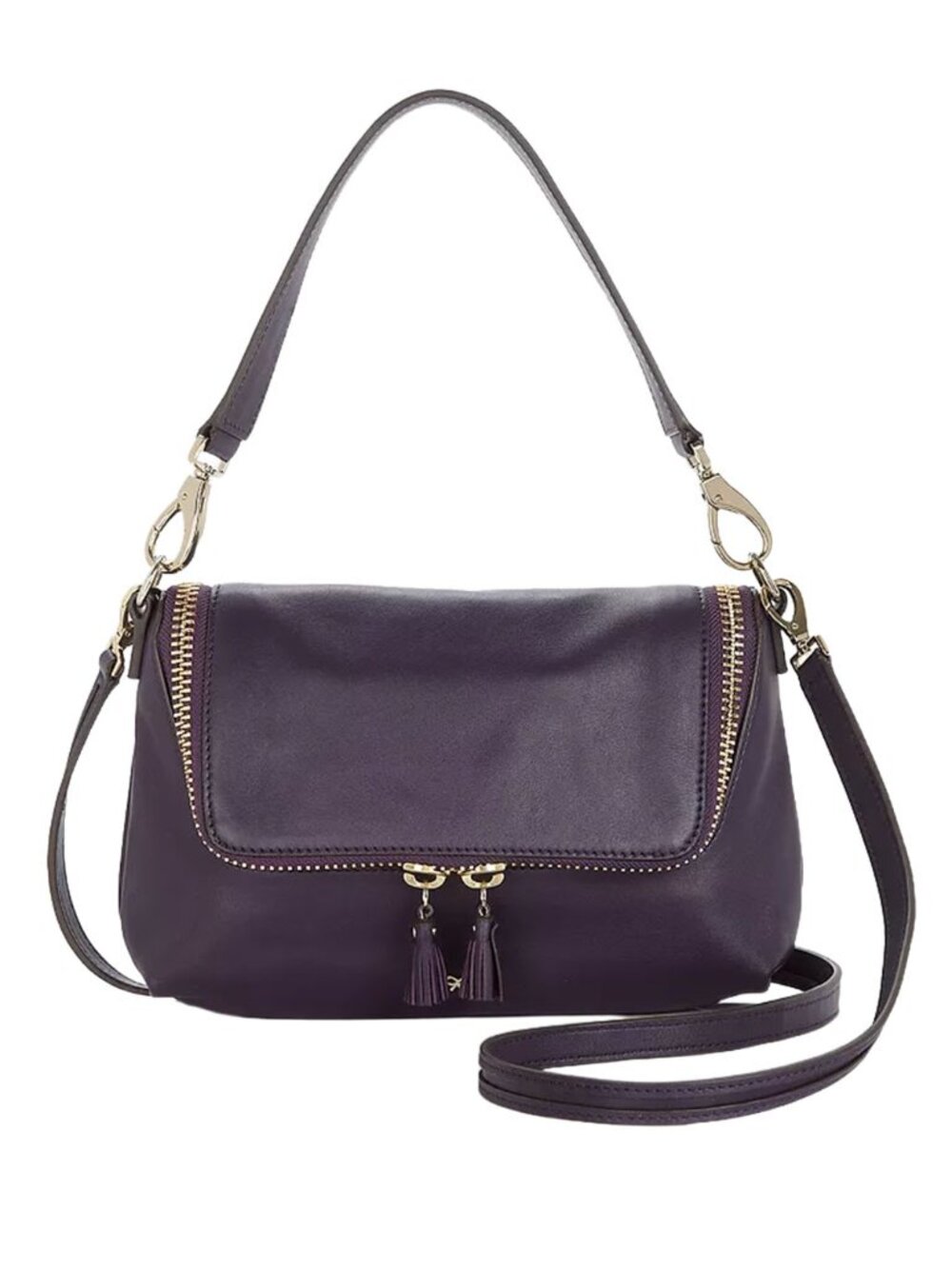 Anya Hindmarch Maxi Zip Crossbody Bag Dark Plum Leather Gold Tassel